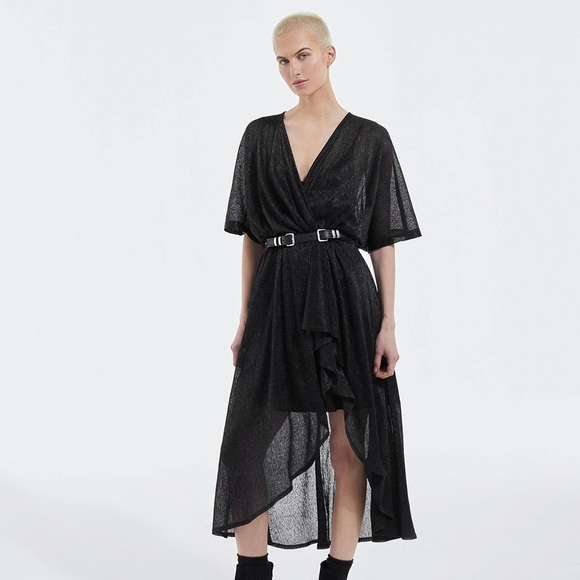 NWT The Kooples Long Black Dress with Wrap Draping in Lurex - Picture 2 of 9